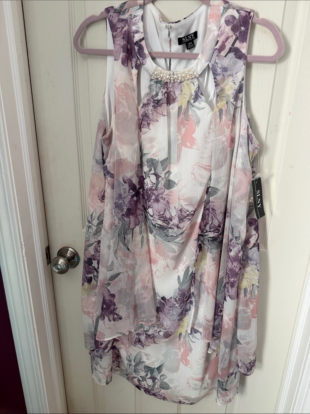 SLNY Pastel Floral Pearl-Trim Sleeveless Tunic